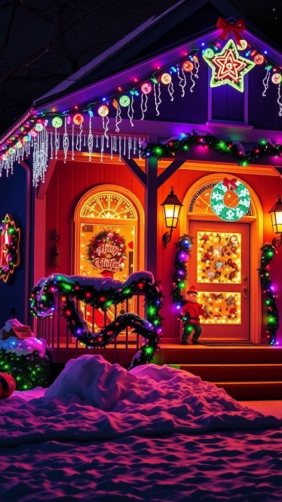 A festive house illuminated with colorful Christmas lights against a snowy background.